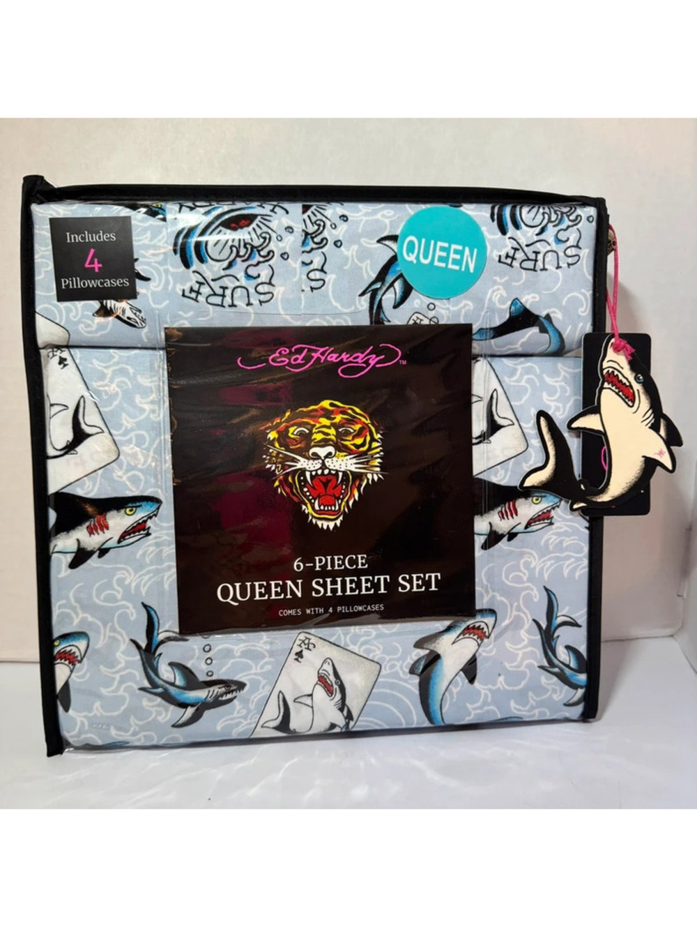 Ed Hardy Queen Blue Shark Print 6pc Sheet Set NWT